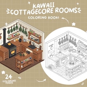 May include: A coloring book titled "Kawaii Cottagecore Rooms" featuring a detailed illustration of a cottage kitchen. The image includes a color version and a black and white outline, with 24 coloring pages. The kitchen has wooden cabinets, a stove, and shelves filled with jars.
