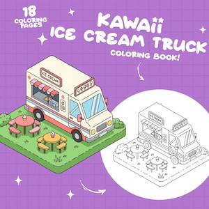 Puede incluir: Un libro para colorear con un cami&oacute;n de helados kawaii con un toldo rosa y blanco. El cami&oacute;n est&aacute; rodeado de mesas y sillas, y hay conos de helado en la parte superior del cami&oacute;n. El libro incluye 18 p&aacute;ginas para colorear.