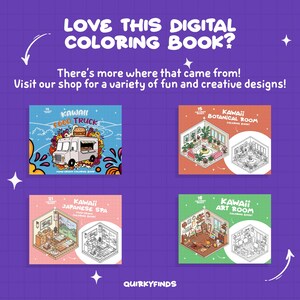 K&ouml;nnte beinhalten: Vier digitale Malbuchcover mit kawaii-Illustrationen. Die Cover sind betitelt mit "Kawaii Food Truck", "Kawaii Botanical Room", "Kawaii Japanese Spa" und "Kawaii Art Room".