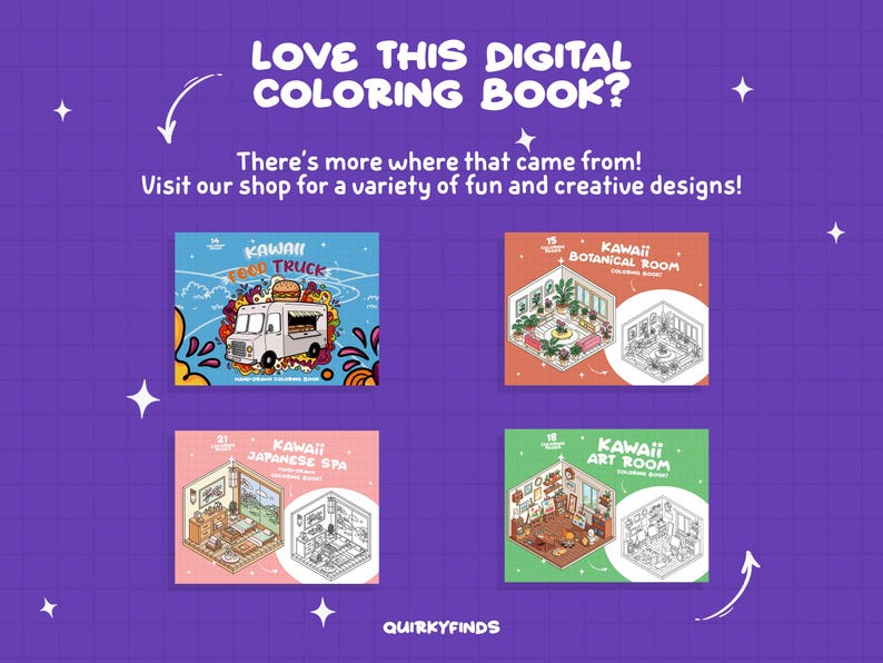 K&ouml;nnte beinhalten: Vier digitale Malbuchcover mit kawaii-Illustrationen. Die Cover sind betitelt mit "Kawaii Food Truck", "Kawaii Botanical Room", "Kawaii Japanese Spa" und "Kawaii Art Room".