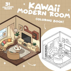 Puede incluir: Un dibujo en blanco y negro de una sala de estar moderna con un sofá curvo, una mesa de café, un televisor y una estantería. La habitación está en perspectiva isométrica. El título "Kawaii Modern Room Coloring Book!" está en la parte superior de la imagen.