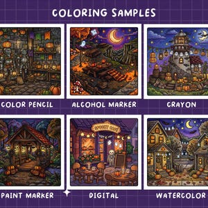 May include: A grid of six square colouring samples labelled Colour Pencil, Alcohol Marker, Crayon, Paint Marker, Digital, and Watercolour. Each image features detailed Halloween-themed scenes with pumpkins, ghosts, and night settings on a purple grid background.