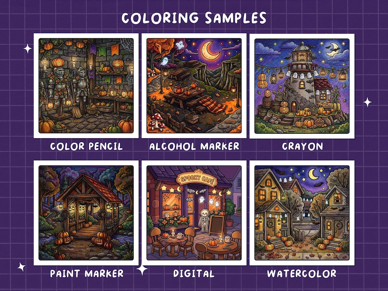 May include: A grid of six square colouring samples labelled Colour Pencil, Alcohol Marker, Crayon, Paint Marker, Digital, and Watercolour. Each image features detailed Halloween-themed scenes with pumpkins, ghosts, and night settings on a purple grid background.