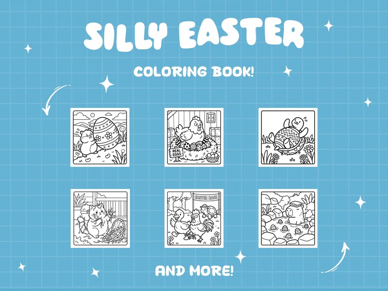 Puede incluir: Un fondo azul con las palabras "SILLY EASTER COLORING BOOK!" en blanco. La imagen presenta seis p&aacute;ginas de un libro para colorear en blanco y negro con ilustraciones tem&aacute;ticas de Pascua, incluyendo pollitos, huevos y una tortuga. El texto "AND MORE!" est&aacute; en la parte inferior.