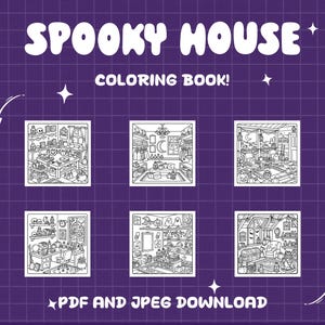 May include: A digital coloring book titled SPOOKY HOUSE COLORING BOOK! featuring six distinct black and white line art illustrations of interior rooms with Halloween themes, including pumpkins, ghosts, and skulls, available as a PDF and JPEG download.