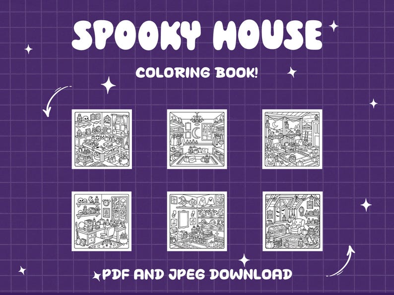 May include: A digital coloring book titled SPOOKY HOUSE COLORING BOOK! featuring six distinct black and white line art illustrations of interior rooms with Halloween themes, including pumpkins, ghosts, and skulls, available as a PDF and JPEG download.