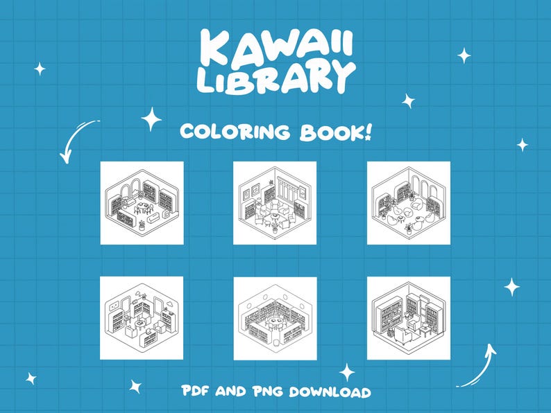 May include: Black and white line art coloring book pages featuring six different isometric views of a kawaii library. The title of the book is "Kawaii Library Coloring Book!" with the text "PDF and PNG Download" at the bottom.