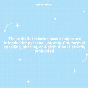 Puede incluir: Fondo azul claro con un patr&oacute;n de cuadr&iacute;cula y estrellas blancas. El texto "QUIRKYFINDS" est&aacute; en la parte superior. El texto de la imagen indica que los dise&ntilde;os de libros para colorear digitales son solo para uso personal.
