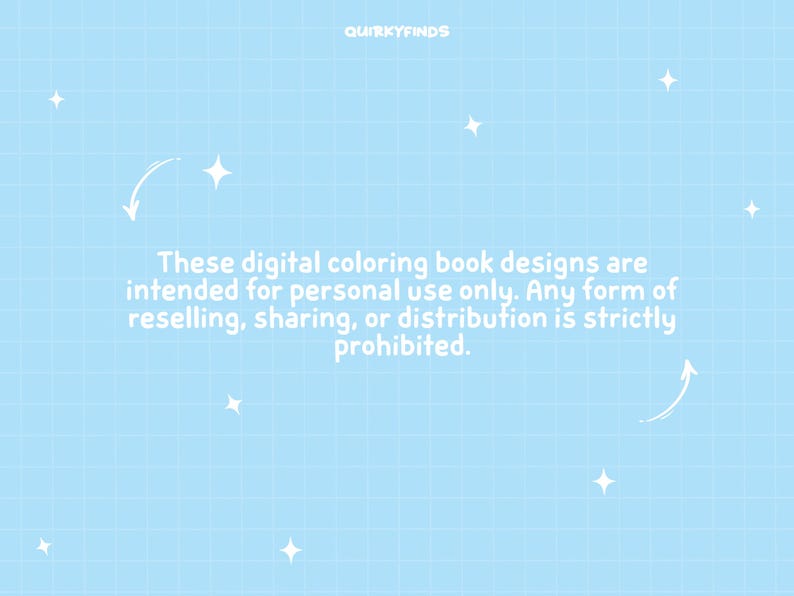 Puede incluir: Fondo azul claro con un patr&oacute;n de cuadr&iacute;cula y estrellas blancas. El texto "QUIRKYFINDS" est&aacute; en la parte superior. El texto de la imagen indica que los dise&ntilde;os de libros para colorear digitales son solo para uso personal.