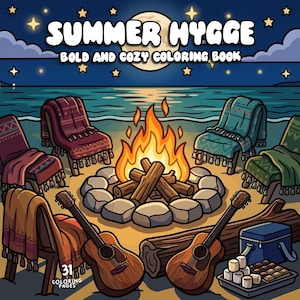 May include: Illustration of a beach scene at night with a campfire, chairs, blankets, and guitars. The text "SUMMER HYGGE" and "BOLD AND COZY COLORING BOOK" are displayed. A cooler and a tray of marshmallows and chocolate are also visible.