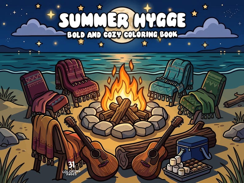 May include: Illustration of a beach scene at night with a campfire, chairs, blankets, and guitars. The text "SUMMER HYGGE" and "BOLD AND COZY COLORING BOOK" are displayed. A cooler and a tray of marshmallows and chocolate are also visible.