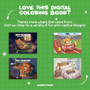 May include: A green background with white stars and text that reads "LOVE THIS DIGITAL COLORING BOOK?" and "There's more where that came from! Visit our shop for a variety of fun and creative designs!" Four digital coloring book covers are displayed.