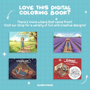 May include: Four digital coloring book covers featuring illustrations of a girl in a field, a girl in a lavender field, a girl in a tent, and a living room. The text on the covers reads "Country Girl" and "Kawaii Retro Livingroom Coloring Book".