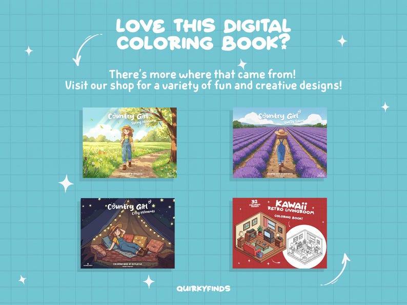 May include: Four digital coloring book covers featuring illustrations of a girl in a field, a girl in a lavender field, a girl in a tent, and a living room. The text on the covers reads "Country Girl" and "Kawaii Retro Livingroom Coloring Book".