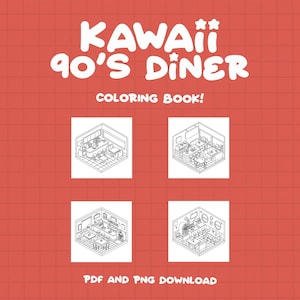 Puede incluir: Una ilustraci&oacute;n de libro para colorear en blanco y negro del interior de un restaurante de los a&ntilde;os 90. La ilustraci&oacute;n est&aacute; dividida en cuatro secciones, cada una mostrando una vista diferente del restaurante. El texto "Kawaii 90's Diner Coloring Book!" est&aacute; en la parte superior de la imagen. El texto "PDF and PNG Download" est&aacute; en la parte inferior de la imagen.