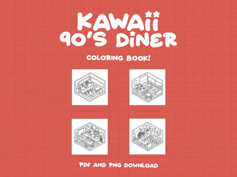 Puede incluir: Una ilustraci&oacute;n de libro para colorear en blanco y negro del interior de un restaurante de los a&ntilde;os 90. La ilustraci&oacute;n est&aacute; dividida en cuatro secciones, cada una mostrando una vista diferente del restaurante. El texto "Kawaii 90's Diner Coloring Book!" est&aacute; en la parte superior de la imagen. El texto "PDF and PNG Download" est&aacute; en la parte inferior de la imagen.