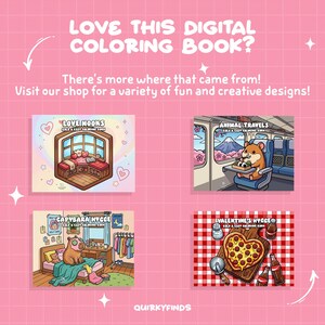 May include: Pink background with the text "LOVE THIS DIGITAL COLORING BOOK?" and "Visit our shop for a variety of fun and creative designs!". Four digital coloring book designs are shown, including "LOVE NOOKS" and "ANIMAL TRAVELS".