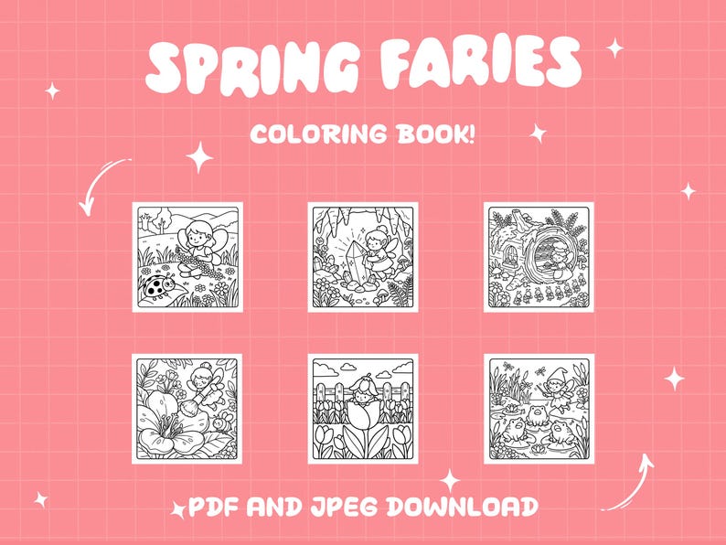 May include: A digital coloring book titled SPRING FARIES COLORING BOOK! featuring six square black and white line art illustrations of fairies in nature settings, including flowers, frogs, and crystals, available as a PDF and JPEG download.