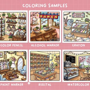 May include: A collection of six colorful illustrations showcasing different coloring techniques. Each image depicts a detailed scene, including a ramen shop, a donut shop, and a boutique, with the text "COLORING SAMPLES" at the top.