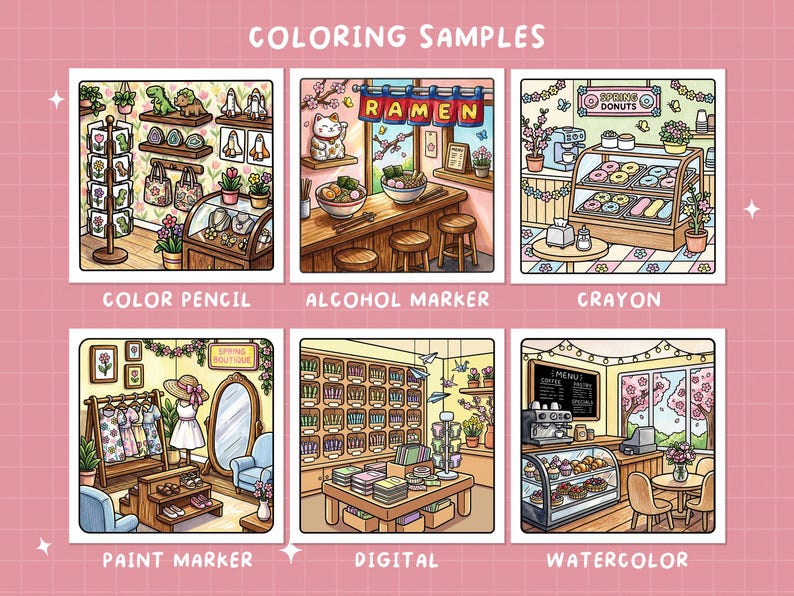 May include: A collection of six colorful illustrations showcasing different coloring techniques. Each image depicts a detailed scene, including a ramen shop, a donut shop, and a boutique, with the text "COLORING SAMPLES" at the top.