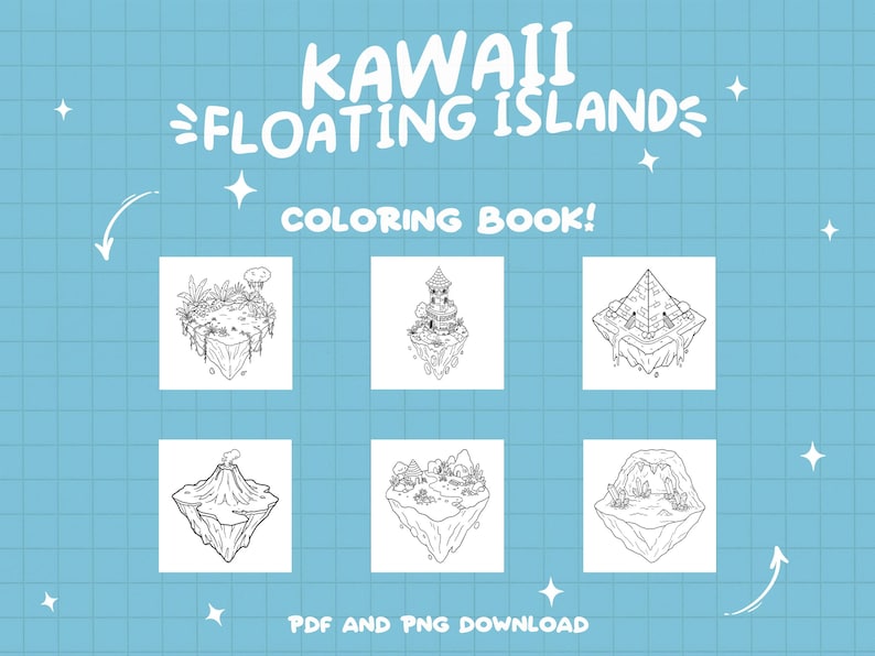Peut inclure: Un livre de coloriage en noir et blanc repr&eacute;sentant six &icirc;les flottantes kawaii diff&eacute;rentes. Les &icirc;les sont en forme de volcan, de ch&acirc;teau, de pyramide, de champignon, de grotte et de for&ecirc;t. Le titre du livre est "Kawaii Floating Island Coloring Book!" et le texte "PDF and PNG Download" est en bas.