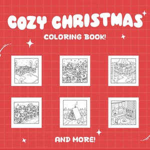 May include: A red background with white text that reads "COZY CHRISTMAS COLORING BOOK!" and "AND MORE!". The image features six square illustrations of winter scenes, including a bridge, houses, and a cozy fireplace.