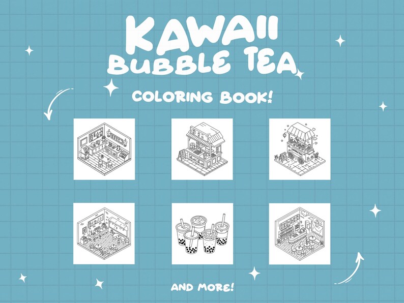 Puede incluir: P&aacute;ginas para colorear en blanco y negro con dise&ntilde;os de tiendas y bebidas de bubble tea kawaii. El t&iacute;tulo del libro es "Kawaii Bubble Tea Coloring Book!" y el texto "And More!" aparece en la parte inferior de la p&aacute;gina.