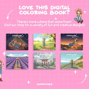 Puede incluir: Fondo rosa con el texto "LOVE THIS DIGITAL COLORING BOOK?" y "There's more where that came from! Visit our shop for a variety of fun and creative designs!" Se muestran seis portadas de libros para colorear digitales "Country Girl".