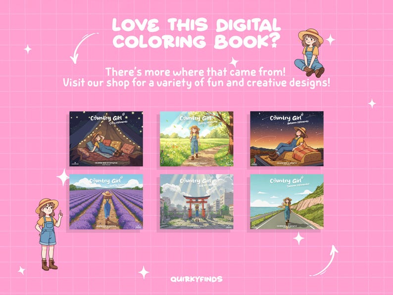 Puede incluir: Fondo rosa con el texto "LOVE THIS DIGITAL COLORING BOOK?" y "There's more where that came from! Visit our shop for a variety of fun and creative designs!" Se muestran seis portadas de libros para colorear digitales "Country Girl".