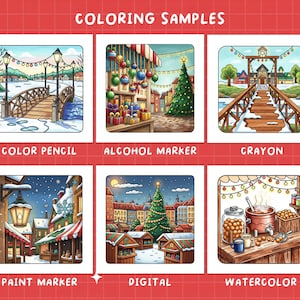 Puede incluir: Seis muestras de coloreado con tem&aacute;tica invernal, cada una con un medio diferente: l&aacute;piz de color, rotulador de alcohol, cray&oacute;n, rotulador de pintura, digital y acuarela. Las ilustraciones representan escenas festivas con puentes, &aacute;rboles de Navidad y puestos de mercado.