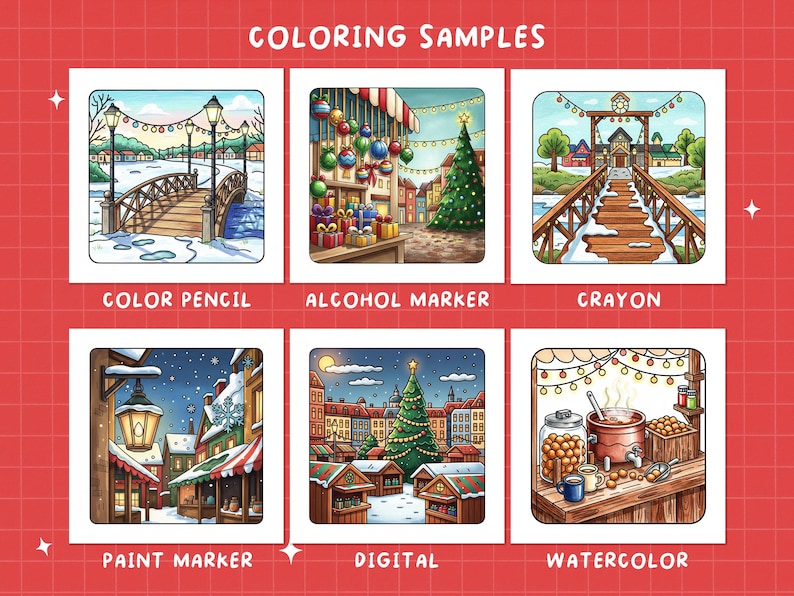 Puede incluir: Seis muestras de coloreado con tem&aacute;tica invernal, cada una con un medio diferente: l&aacute;piz de color, rotulador de alcohol, cray&oacute;n, rotulador de pintura, digital y acuarela. Las ilustraciones representan escenas festivas con puentes, &aacute;rboles de Navidad y puestos de mercado.