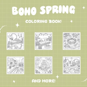 以下が含まれることがあります： 緑色の背景にグリッドパターンがあり、白い文字で「BOHO SPRING COLORING BOOK！」と書かれています。 下には、ボヘミアンスタイルのシーンの6つの白黒イラストがあり、下部には「AND MORE！」と書かれています。 イラストは部屋を描いています。