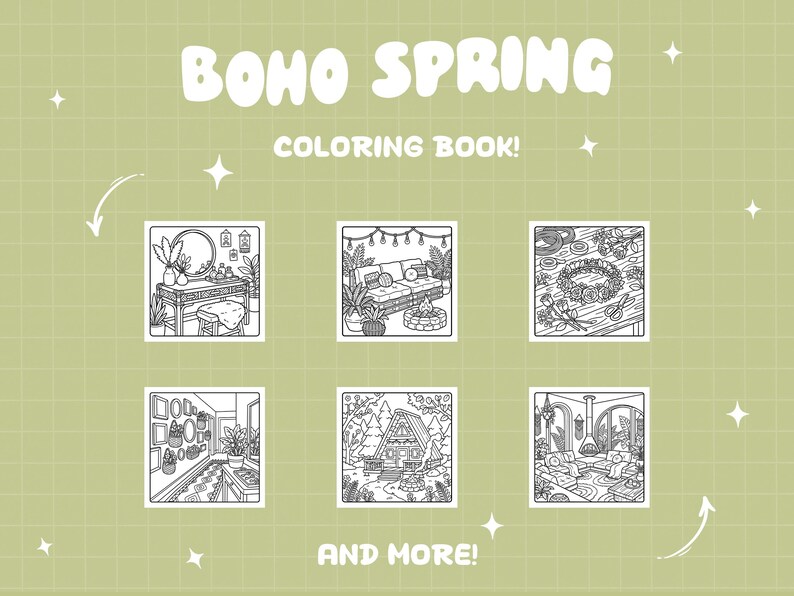 以下が含まれることがあります： 緑色の背景にグリッドパターンがあり、白い文字で「BOHO SPRING COLORING BOOK！」と書かれています。 下には、ボヘミアンスタイルのシーンの6つの白黒イラストがあり、下部には「AND MORE！」と書かれています。 イラストは部屋を描いています。