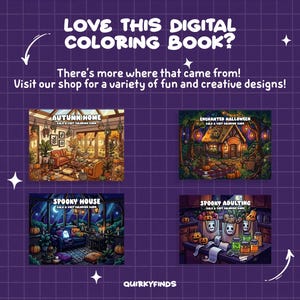May include: A digital colouring book advertisement on a purple grid background featuring four distinct illustrations titled Autumn Home, Enchanted Halloween, Spooky House, and Spooky Adulting, with text reading LOVE THIS DIGITAL COLOURING BOOK?
