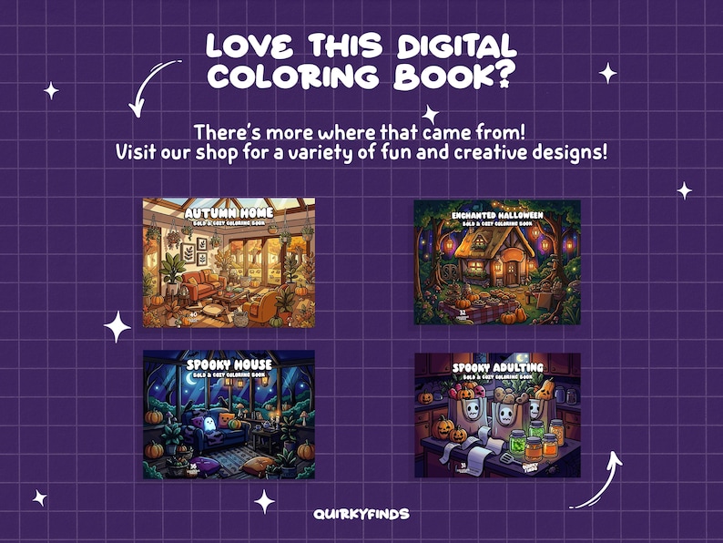 May include: A digital colouring book advertisement on a purple grid background featuring four distinct illustrations titled Autumn Home, Enchanted Halloween, Spooky House, and Spooky Adulting, with text reading LOVE THIS DIGITAL COLOURING BOOK?
