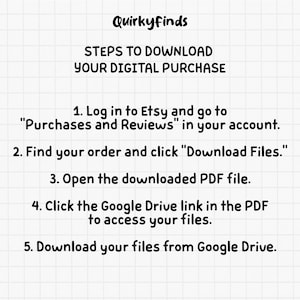 May include: A white background with text detailing how to download a digital purchase from Etsy. The text includes instructions such as logging in, finding the order, and downloading files from Google Drive. The brand name "Quirkyfinds" is at the top.
