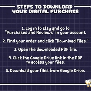 May include: A dark blue graphic with a white grid pattern and white text titled STEPS TO DOWNLOAD YOUR DIGITAL PURCHASE. It lists five numbered instructions for accessing files via Etsy, a PDF, and Google Drive, with the text QUIRKY FINDS at the bottom.