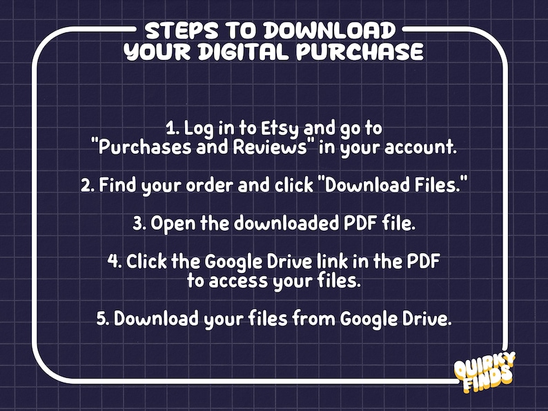 May include: A dark blue graphic with a white grid pattern and white text titled STEPS TO DOWNLOAD YOUR DIGITAL PURCHASE. It lists five numbered instructions for accessing files via Etsy, a PDF, and Google Drive, with the text QUIRKY FINDS at the bottom.