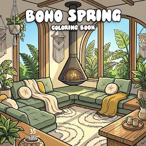 May include: A colorful illustration of a "Boho Spring Coloring Book" interior scene. The image features a cozy living room with green sofas, plants, and a fireplace. The room is filled with natural light and decorative elements.