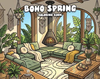 Boho coloring book spring coloring adult coloring page printable hygge cozy coloring interior aesthetic coloring pdf digital coloring sheets