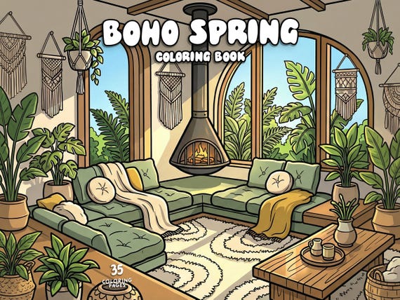 Boho coloring book spring coloring adult coloring page printable hygge cozy coloring interior aesthetic coloring pdf digital coloring sheets