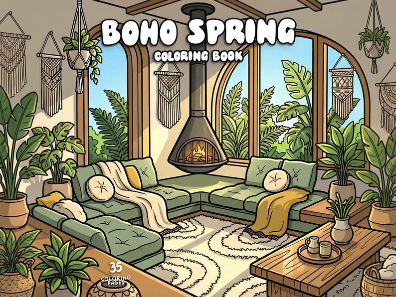 以下が含まれることがあります： 「Boho Spring Coloring Book」のインテリアシーンのカラフルなイラスト。緑のソファ、植物、暖炉のある居心地の良いリビングルームが描かれています。部屋は自然光と装飾要素で満たされています。