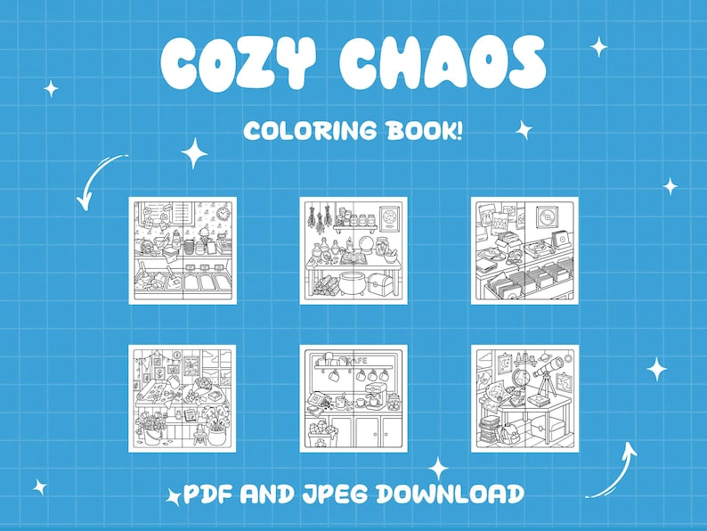 K&ouml;nnte beinhalten: Blauer Hintergrund mit den wei&szlig;en Worten "COZY CHAOS" und "COLORING BOOK!". Das Bild zeigt sechs Schwarz-Wei&szlig;-Illustrationen von gem&uuml;tlichen Szenen mit dem Text "PDF AND JPEG DOWNLOAD" unten.