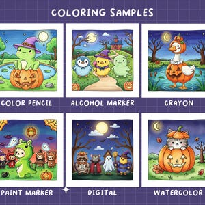 May include: A series of Halloween-themed illustrations demonstrating colouring samples. Each square depicts a different character, such as a frog, penguin, duck, and cat, all in costume against a spooky background. The text "COLORING SAMPLES" is at the top.
