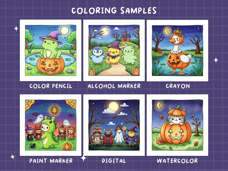 May include: A series of Halloween-themed illustrations demonstrating colouring samples. Each square depicts a different character, such as a frog, penguin, duck, and cat, all in costume against a spooky background. The text "COLORING SAMPLES" is at the top.