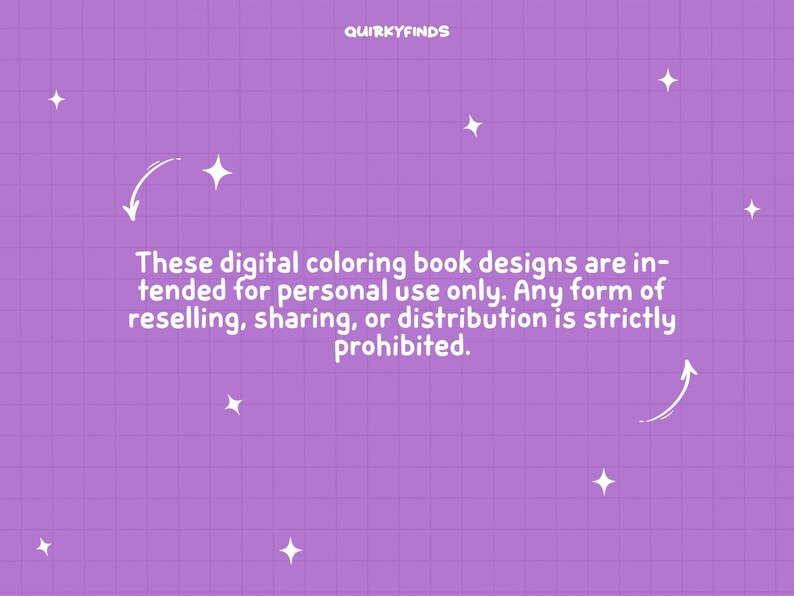 Puede incluir: Fondo morado con l&iacute;neas de cuadr&iacute;cula blancas y estrellas blancas. El texto dice: "Estos dise&ntilde;os de libros para colorear digitales est&aacute;n destinados &uacute;nicamente para uso personal. Cualquier forma de reventa, intercambio o distribuci&oacute;n est&aacute; estrictamente prohibida."