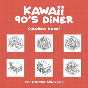 Puede incluir: Un libro para colorear en blanco y negro con el t&iacute;tulo "Kawaii 90's Diner Coloring Book!" y seis ilustraciones de un interior y un exterior de un restaurante. Descarga PDF y PNG.