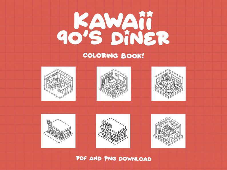 Puede incluir: Un libro para colorear en blanco y negro con el t&iacute;tulo "Kawaii 90's Diner Coloring Book!" y seis ilustraciones de un interior y un exterior de un restaurante. Descarga PDF y PNG.