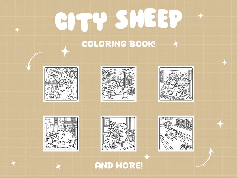 May include: A tan background features the text "CITY SHEEP COLORING BOOK!" in white bubble letters. Below are six black and white illustrations of sheep in various city settings, with the words "AND MORE!" at the bottom.