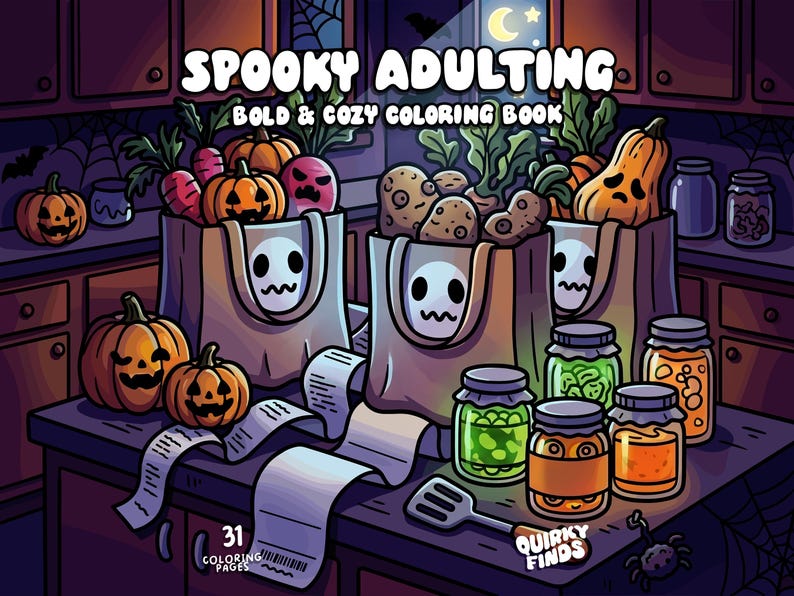 Puede incluir: Un libro para colorear titulado Spooky Adulting Bold & Cozy Coloring Book con una ilustraci&oacute;n de una encimera de cocina con tres bolsas de papel con caras de fantasma llenas de verduras, calabazas, frascos de vidrio y un recibo largo.